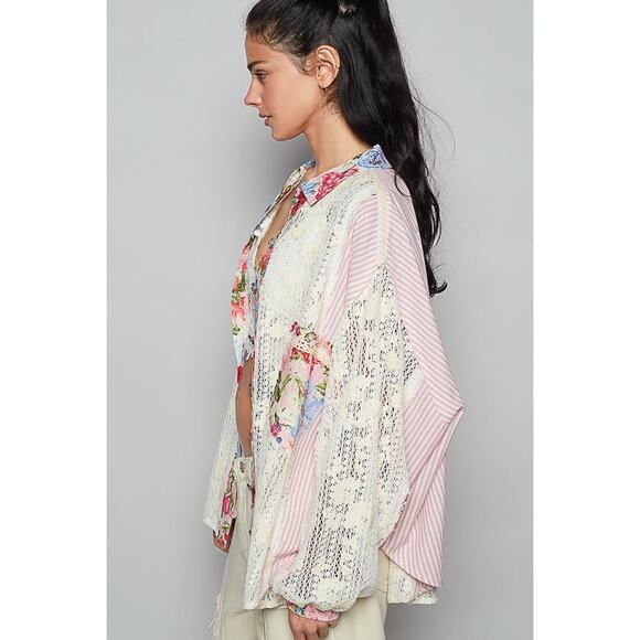 POL Pink Multi Lace Button Front Top - Picture 2 of 4